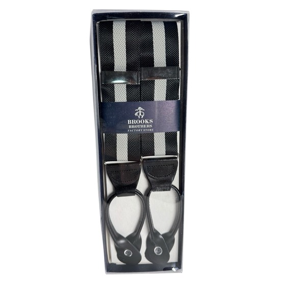 NEW Brooks Brothers Suspenders Braces Black & Gray Stripe Leather Silver‎ Tone - Picture 1 of 3
